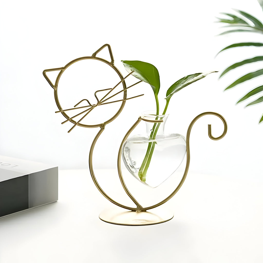 AquaPurr Vase – Hydroponische Glasherzvase mit katzenförmigem Halter