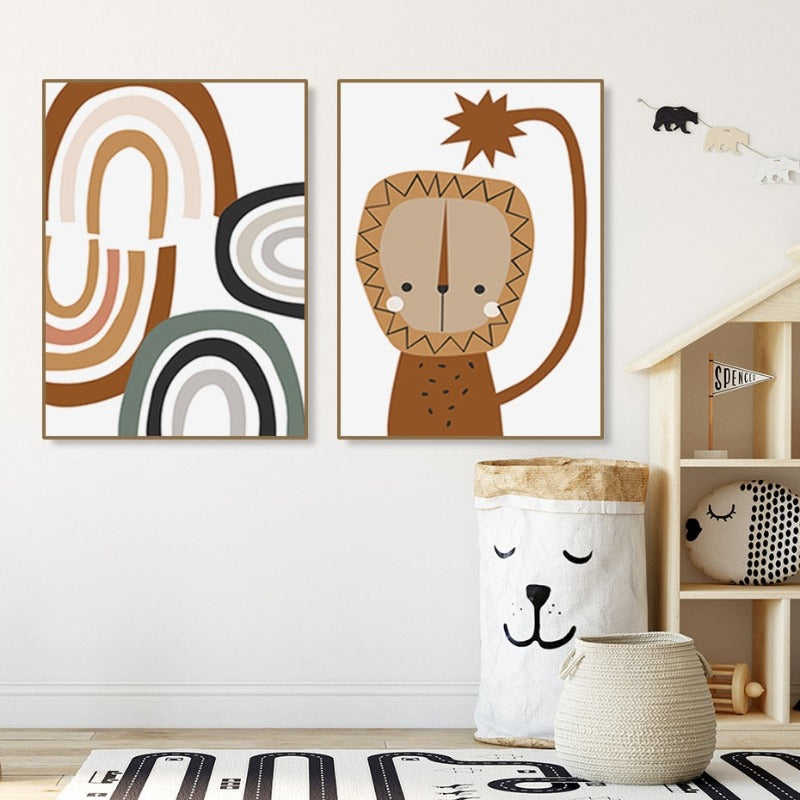Boho-Stil Abstrakter Regenbogen Löwe Kinderzimmer - Leinwand Wandkunst Druck