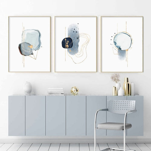 Abstract Blau & Gold Aquarell - Leinwand Wandkunst Druck