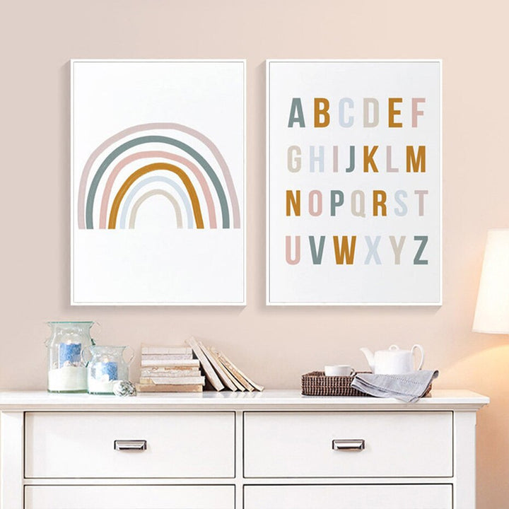 Niedliches Regenbogen-Babykinderzimmer Alphabet - Leinwand Wandkunstdruck