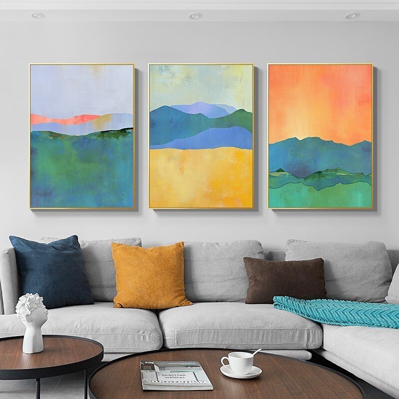 Abstract Blau Gelb Aquarell Horizont - Leinwand Wandkunst Druck