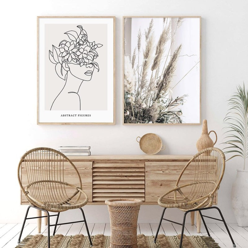 Abstracte Hand Skizze Linie Floral Boho Beige - Leinwandwandkunst Druck