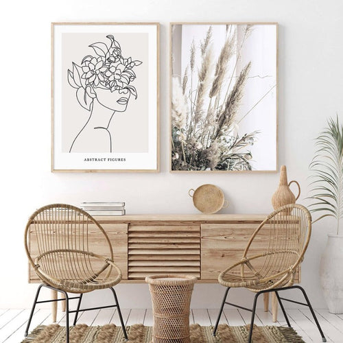 Abstracte Hand Skizze Linie Floral Boho Beige - Leinwandwandkunst Druck