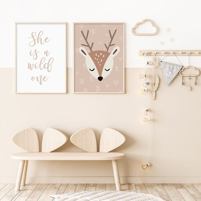 Boho Rainbow Cartoon Reh - Leinwand Wandkunst Druck