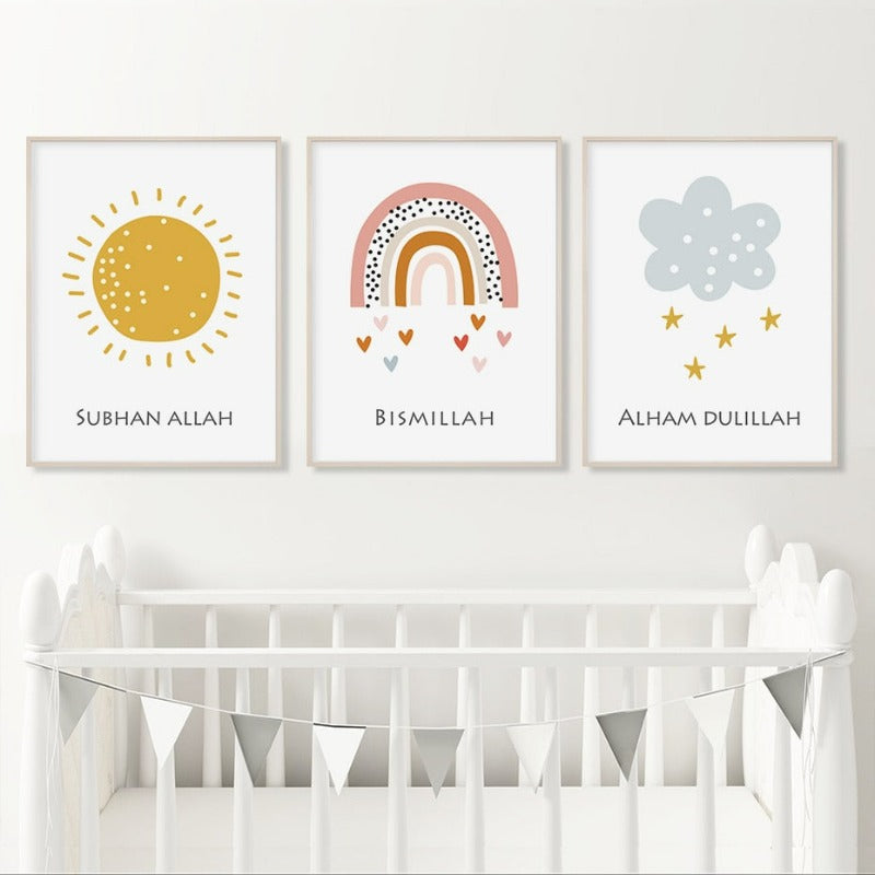 Cartoon Regenbogen Sonne Wolke Islamisch - Leinwand Wandkunst Druck