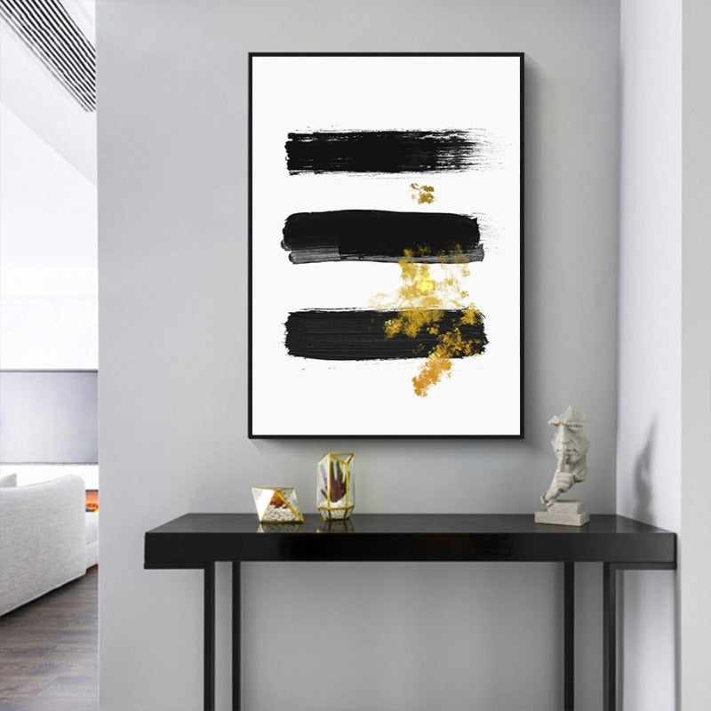 Abstract Schwarz & Gold Pinselstrich - Leinwand Wandkunst Druck