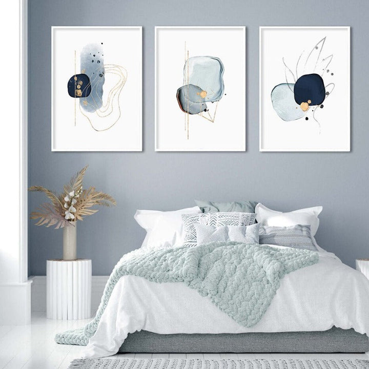 Abstract Blau & Gold Aquarell - Leinwand Wandkunst Druck