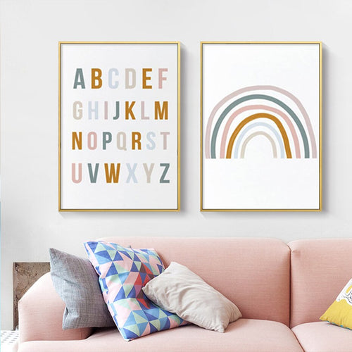 Niedliches Regenbogen-Babykinderzimmer Alphabet - Leinwand Wandkunstdruck