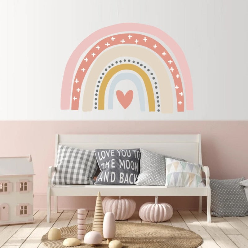 Trendiges, pinkfarbenes Regenbogen-Wandtattoo im Bohème-Stil – abnehmbar