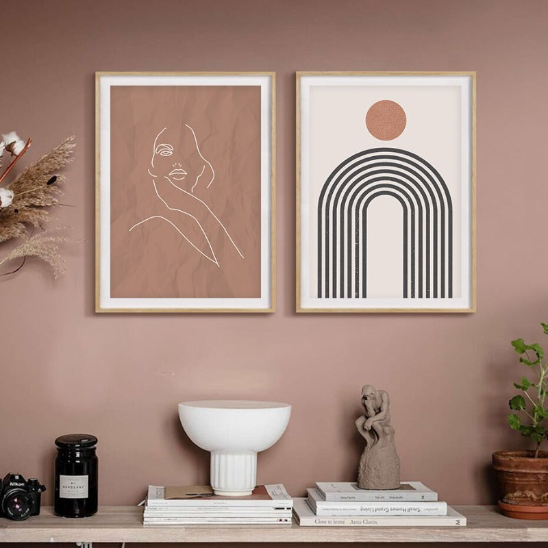 Abstract Boho Natur Beige Zeitgenössisch Regenbogen - Leinwand Wandkunst Drucken