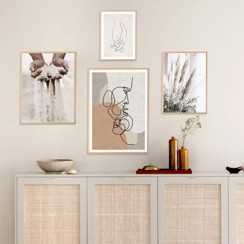 Abstracte Hand Skizze Linie Floral Boho Beige - Leinwandwandkunst Druck