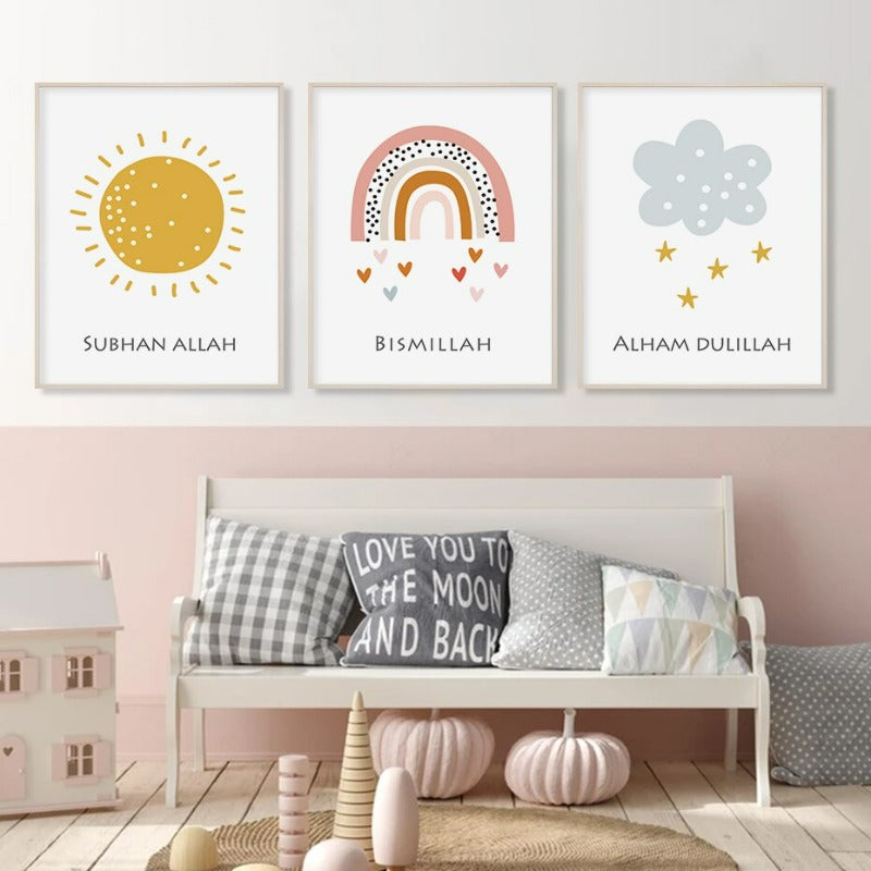 Cartoon Regenbogen Sonne Wolke Islamisch - Leinwand Wandkunst Druck