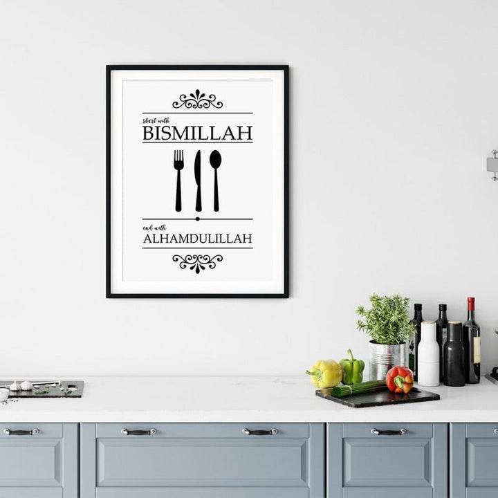 Islamische Bismillah Alhamdulillah Schwarz und Weiß Küche - Leinwand Wandkunst Druck