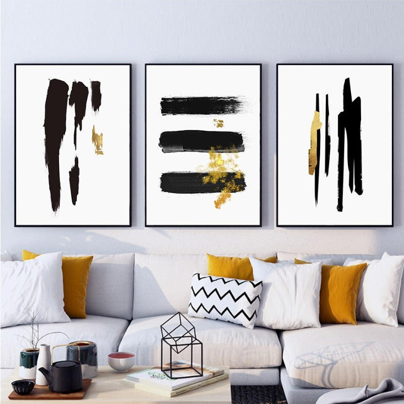 Abstract Schwarz & Gold Pinselstrich - Leinwand Wandkunst Druck