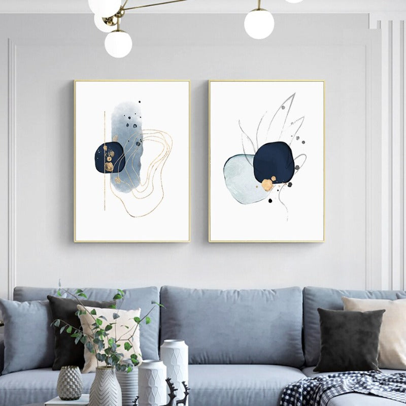 Abstract Blau & Gold Aquarell - Leinwand Wandkunst Druck