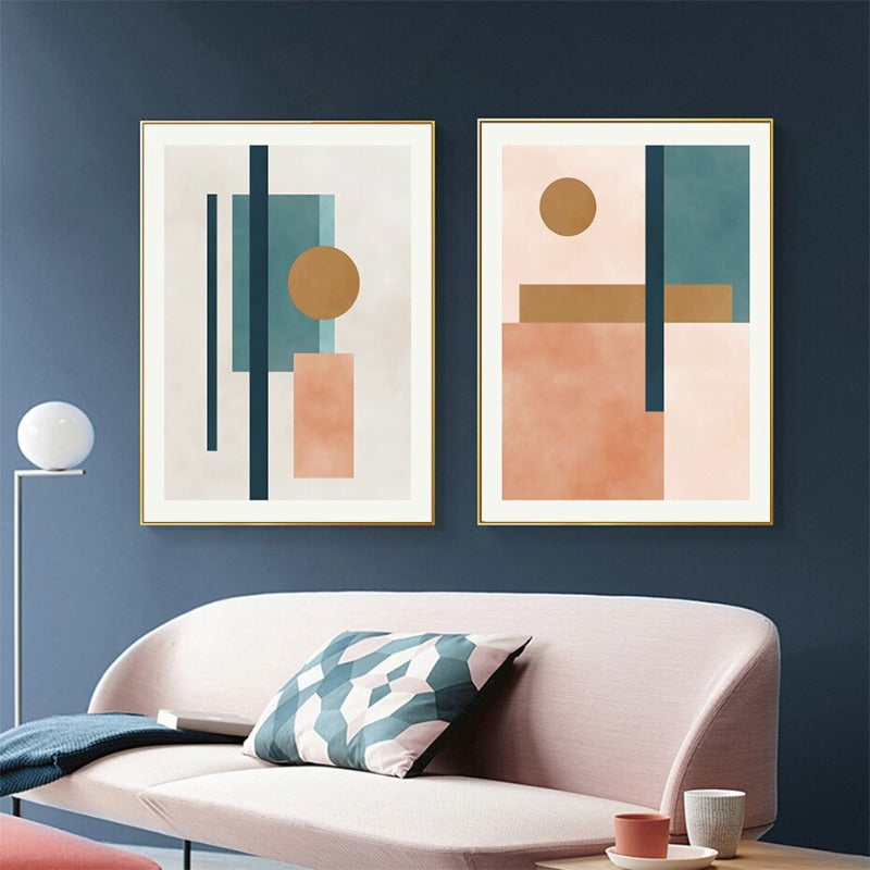 Moderner abstrakter Kunstdruck auf Leinwand in Beige, Pink und Blau mit geometrischen Formen