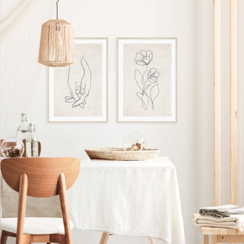Abstracte Hand Skizze Linie Floral Boho Beige - Leinwandwandkunst Druck