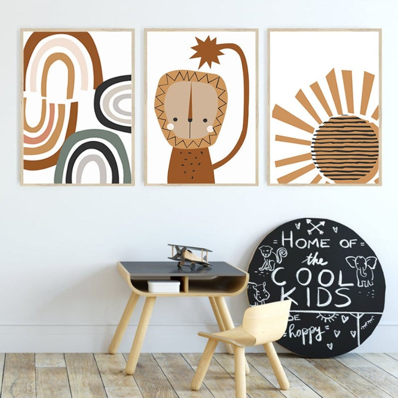 Boho-Stil Abstrakter Regenbogen Löwe Kinderzimmer - Leinwand Wandkunst Druck