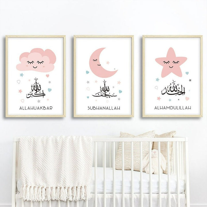 Pink Moon Stars Islamische Leinwand Wandkunst Druck