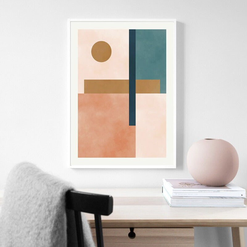 Moderner abstrakter Kunstdruck auf Leinwand in Beige, Pink und Blau mit geometrischen Formen
