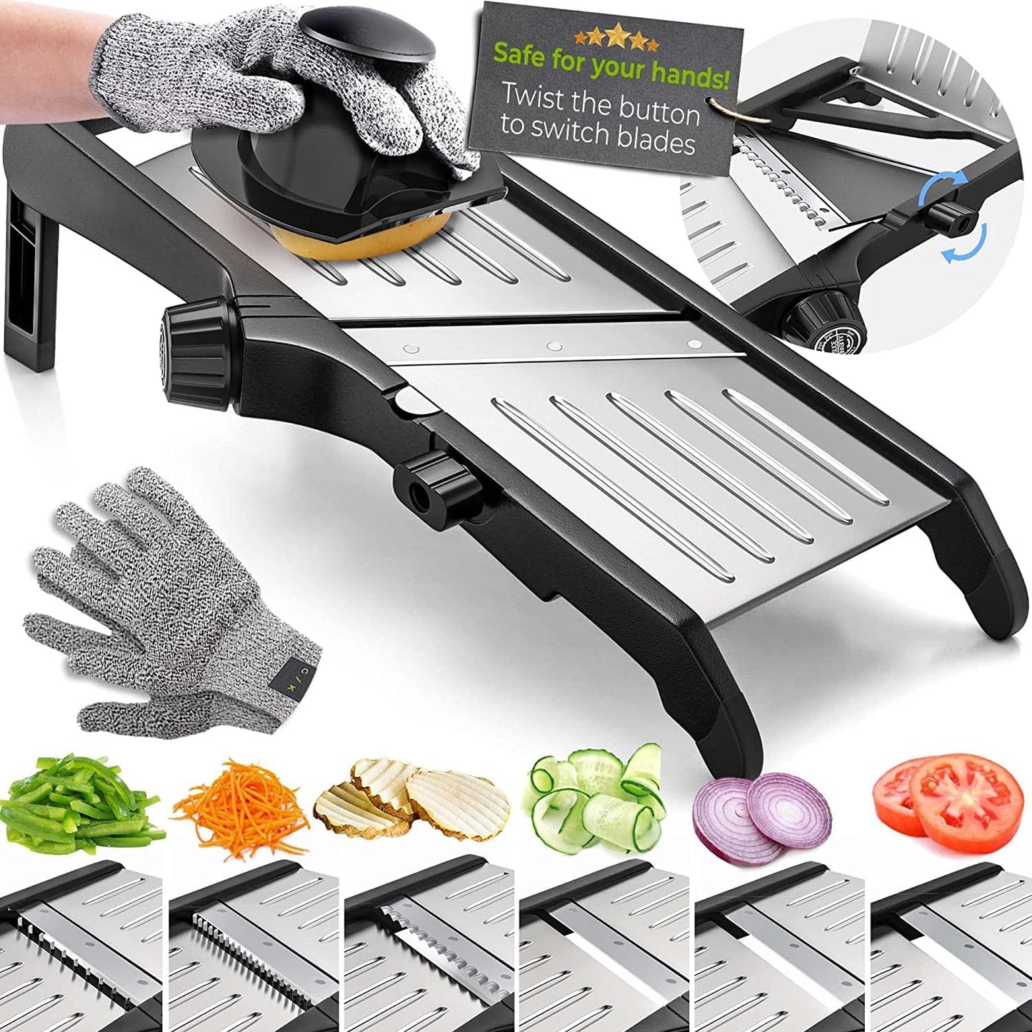 Mandoline mit Schutzhandschuhen für sicheres Schneiden