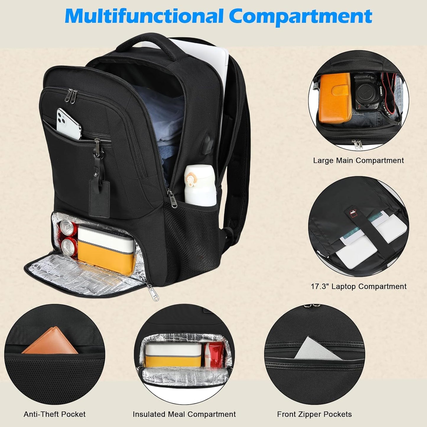 Wasserdichter Laptop- und Lunch-Rucksack mit USB-Anschluss – Reisetasche mit mehreren Fächern | Karnz