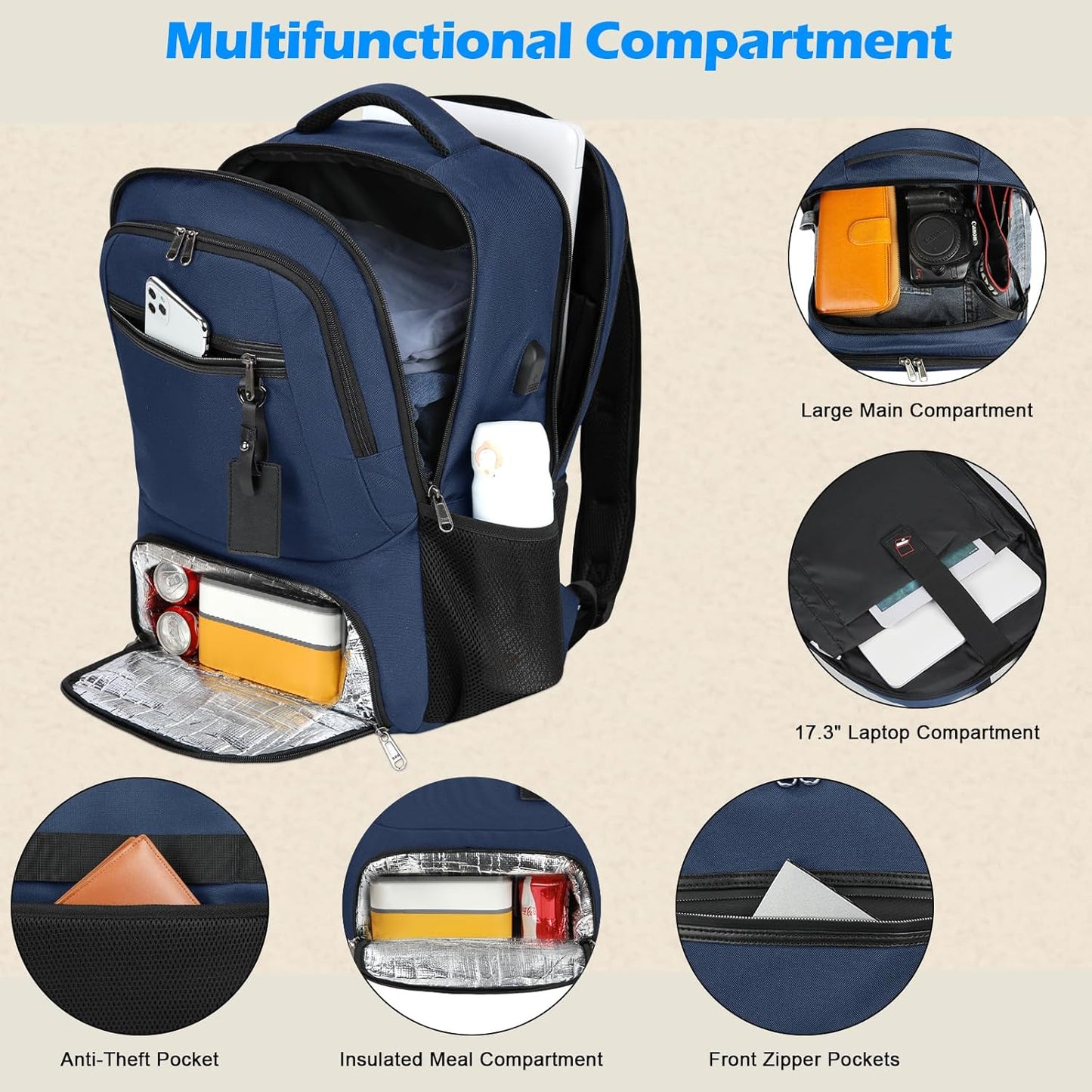 Wasserdichter Laptop- und Lunch-Rucksack mit USB-Anschluss – Reisetasche mit mehreren Fächern | Karnz