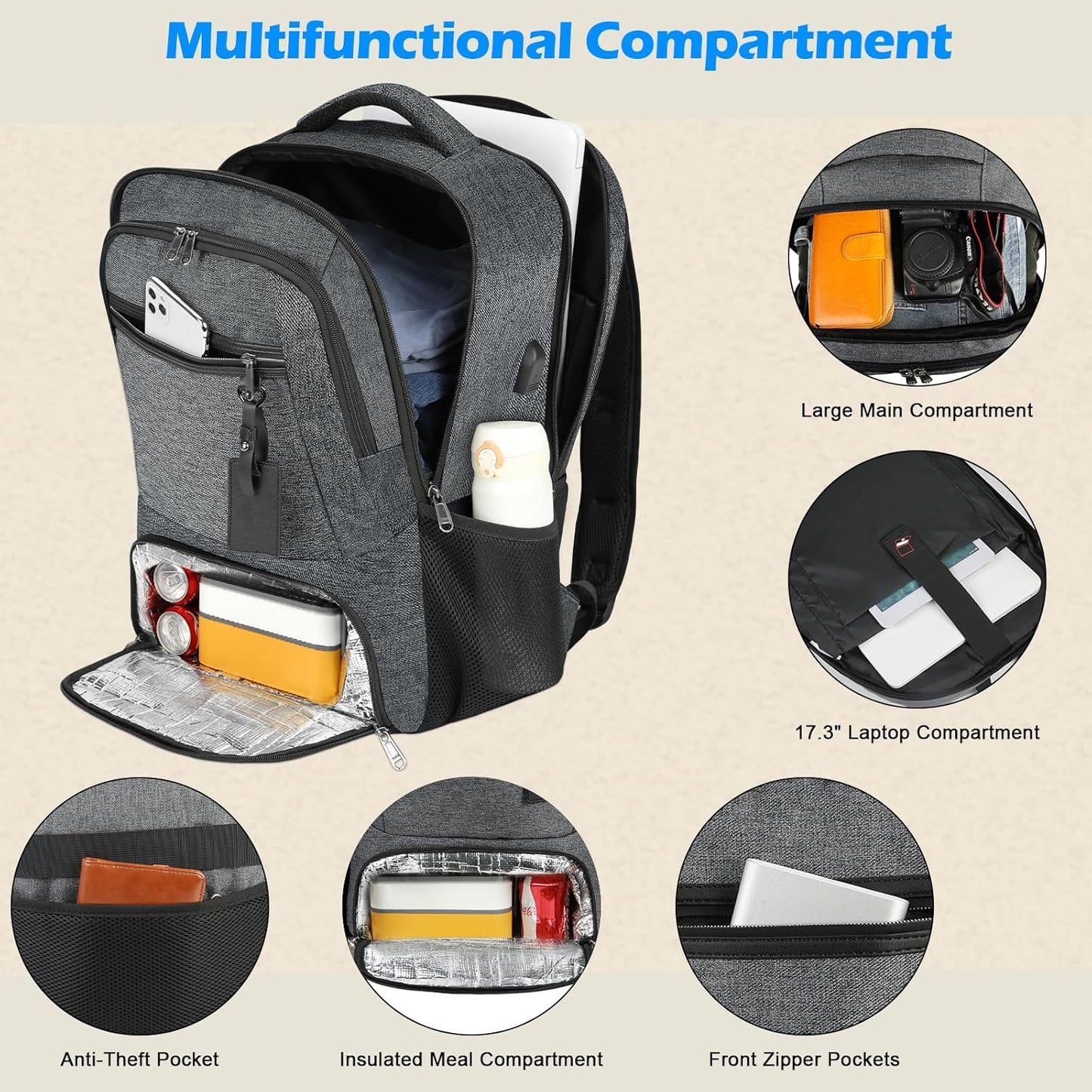 Wasserdichter Laptop- und Lunch-Rucksack mit USB-Anschluss – Reisetasche mit mehreren Fächern | Karnz