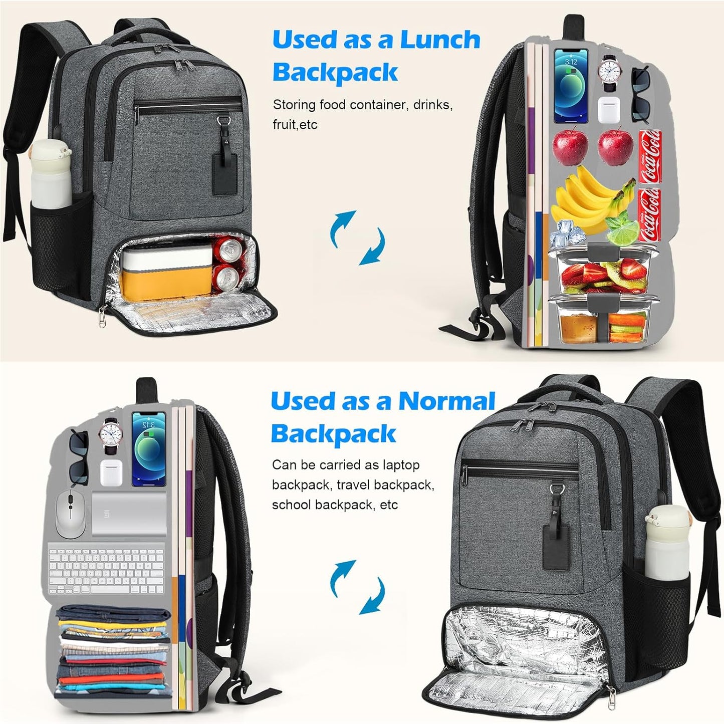 Wasserdichter Laptop- und Lunch-Rucksack mit USB-Anschluss – Reisetasche mit mehreren Fächern | Karnz