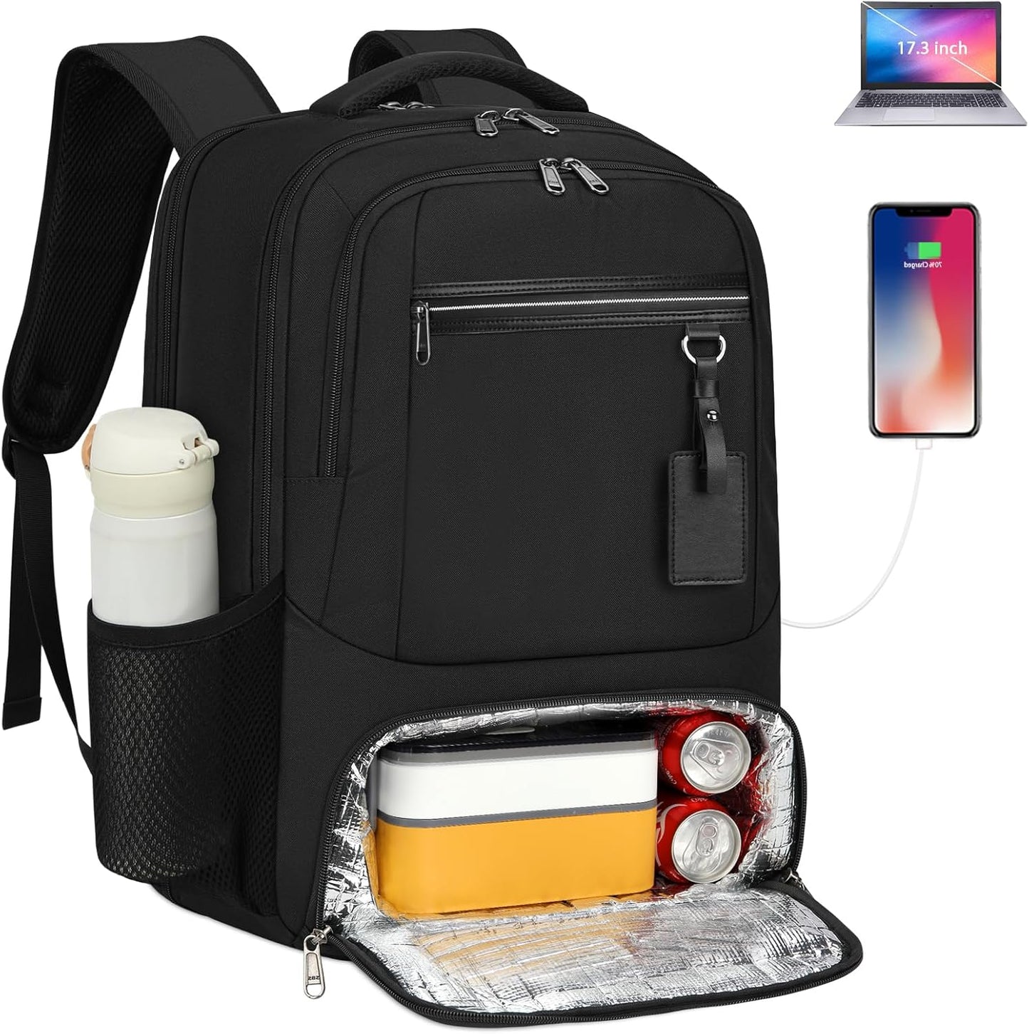 Wasserdichter Laptop- und Lunch-Rucksack mit USB-Anschluss – Reisetasche mit mehreren Fächern | Karnz