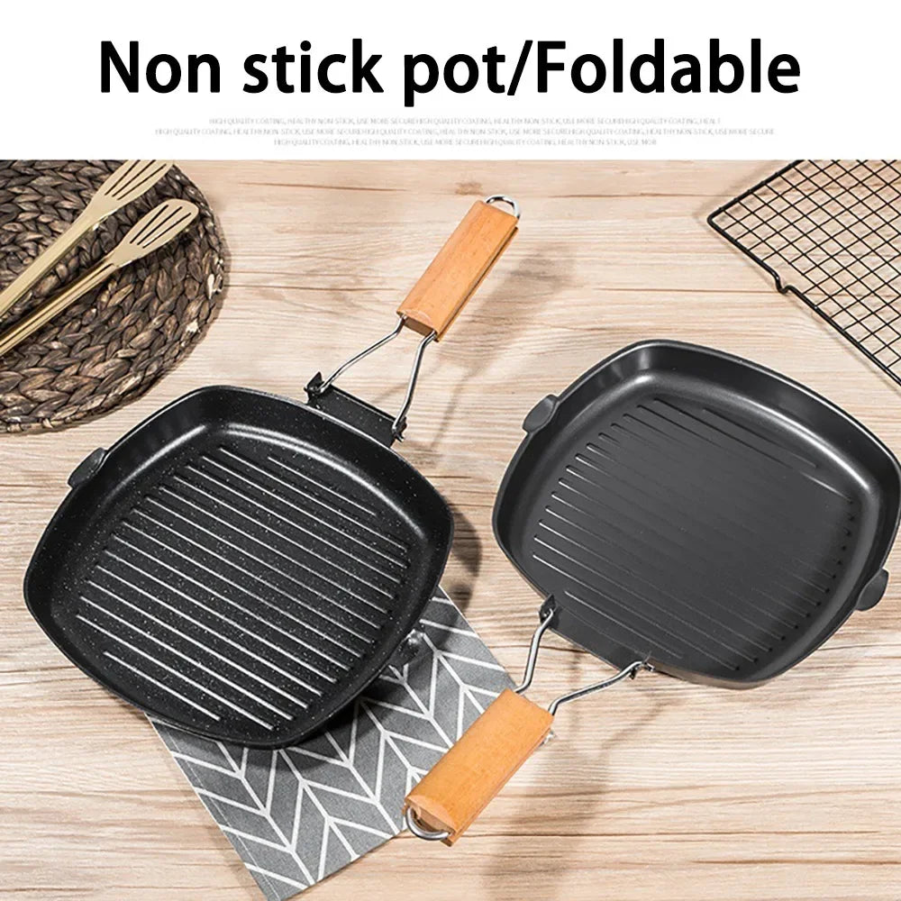Antihaft-Gusseisen-Grillpfanne Faltbare Bratpfanne mit Holzgriff | Karnz