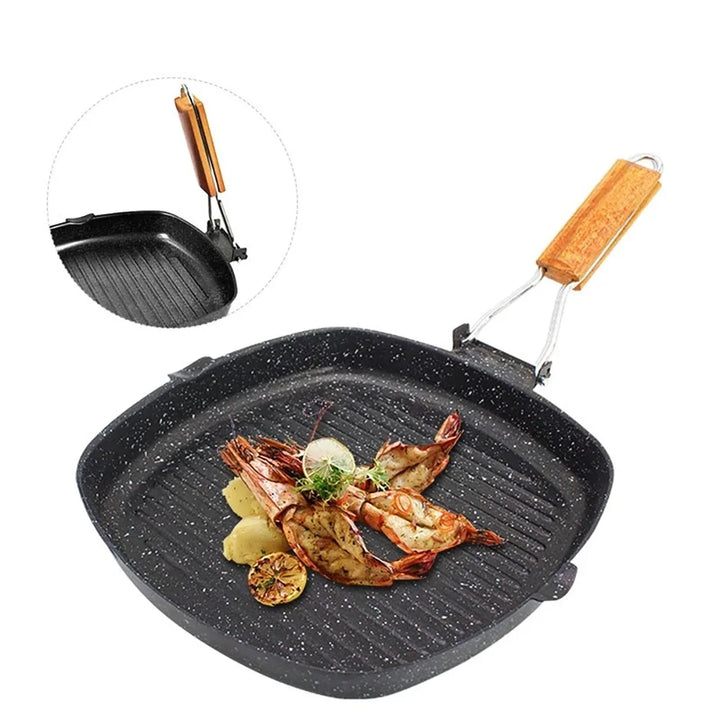 Antihaft-Gusseisen-Grillpfanne Faltbare Bratpfanne mit Holzgriff | Karnz
