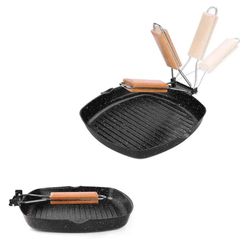 Antihaft-Gusseisen-Grillpfanne Faltbare Bratpfanne mit Holzgriff | Karnz