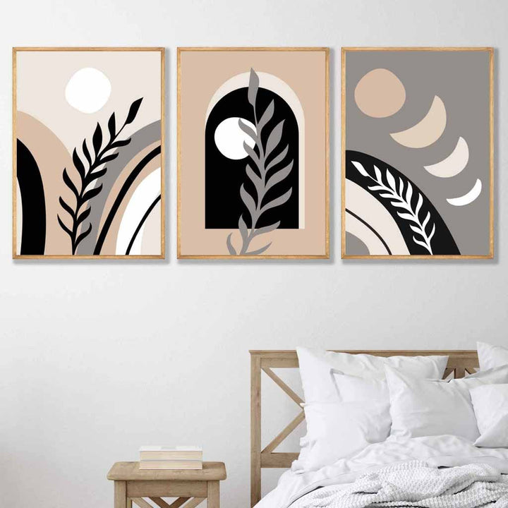 Boho-Stil, abstraktes 3er-Set Wandbilder in Schwarz, Beige und Grau