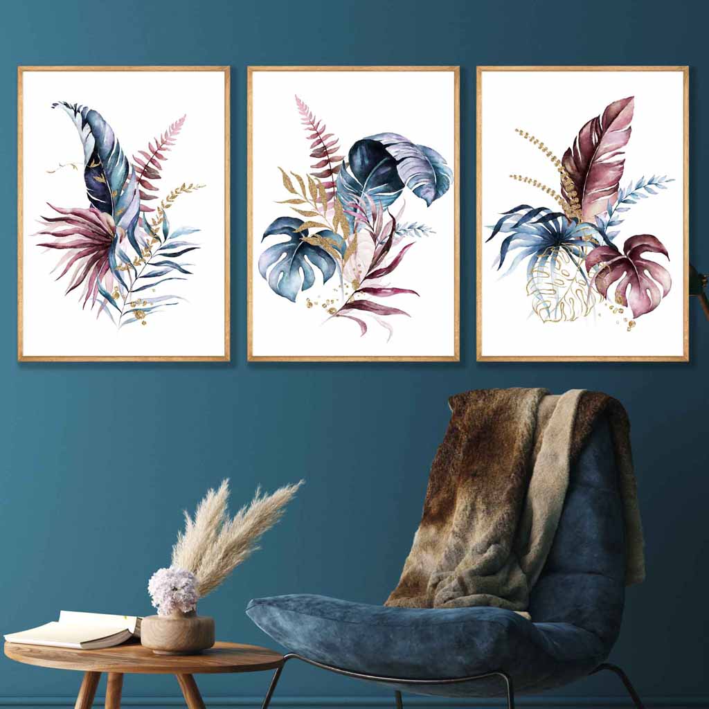 Botanisches Set aus 3 rosa-blauen floralen Wandbildern