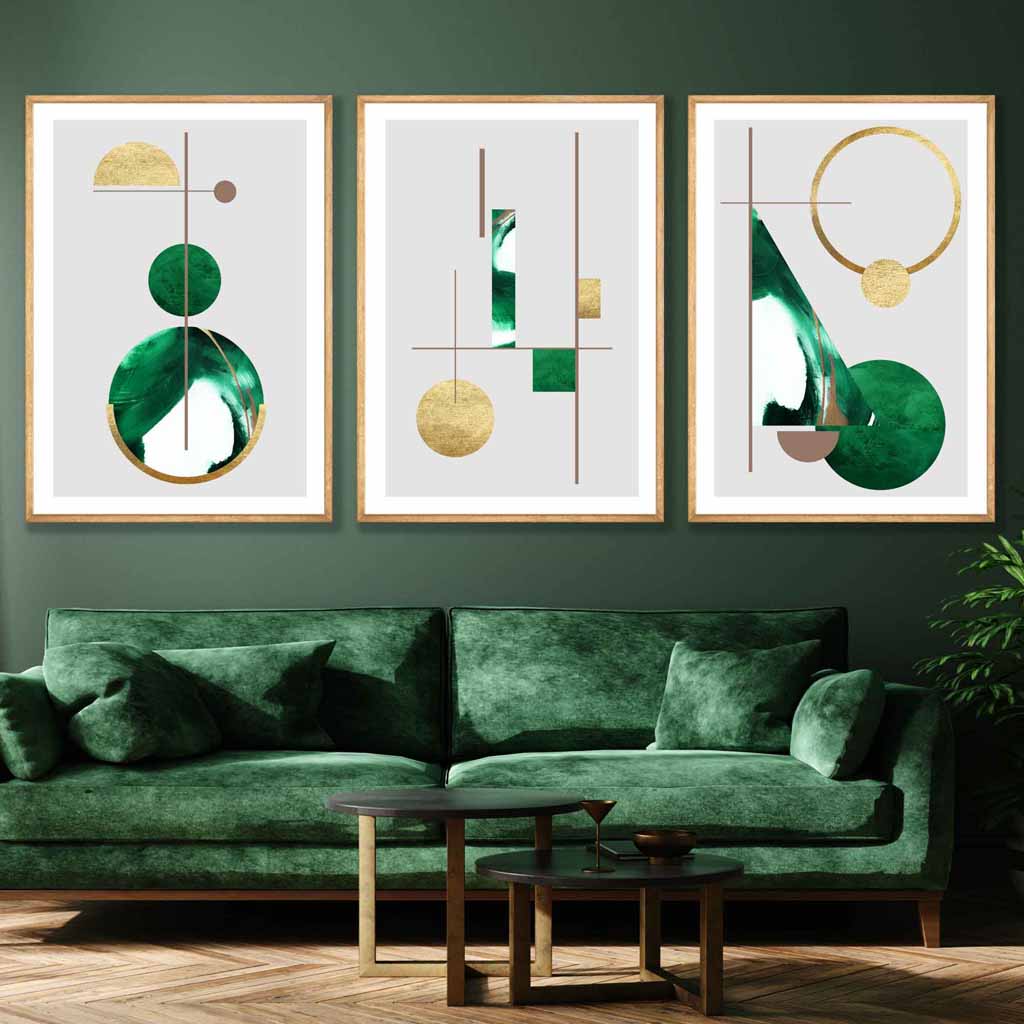 Art-Deco-Set aus 3 strukturierten, geometrischen Wandbildern in Grün und Gold