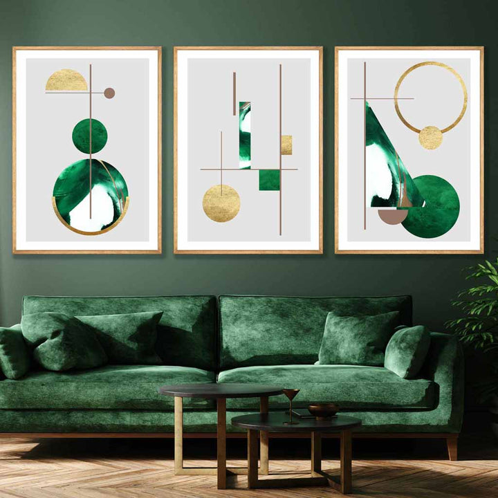 Art-Deco-Set aus 3 strukturierten, geometrischen Wandbildern in Grün und Gold