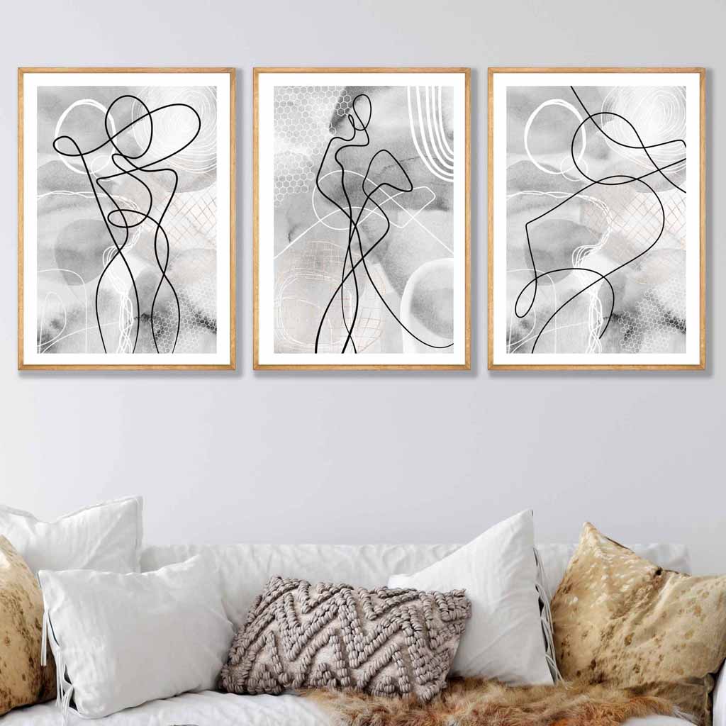 Abstraktes Set aus 3 Mode-Linienkunst-Wandbildern in Schwarz und Grau