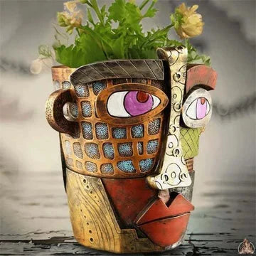 Handgefertigter Blumentopf im Stil des Picasso Brutalismus mit abstraktem Schönheitsgesicht