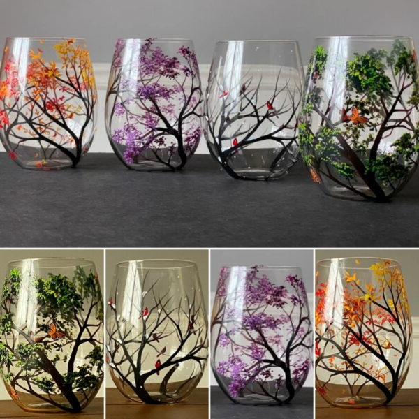 Vier Jahreszeiten Baum Weingläser – Handgemalte Kunst