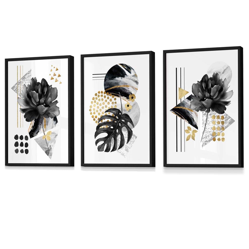 Abstrakte botanische Kunstdrucke in Schwarz und Gold / Gerahmt