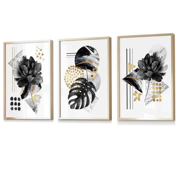 Abstrakte botanische Kunstdrucke in Schwarz und Gold / Gerahmt
