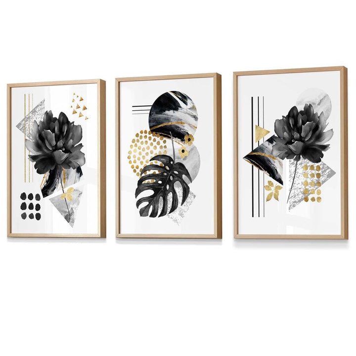 Abstrakte botanische Kunstdrucke in Schwarz und Gold / Gerahmt