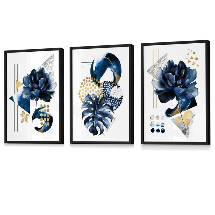Abstraktes maritimes und goldenes botanisches Set aus 3 gerahmten Wandbildern