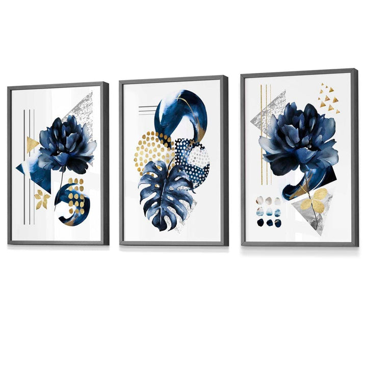 Abstraktes maritimes und goldenes botanisches Set aus 3 gerahmten Wandbildern