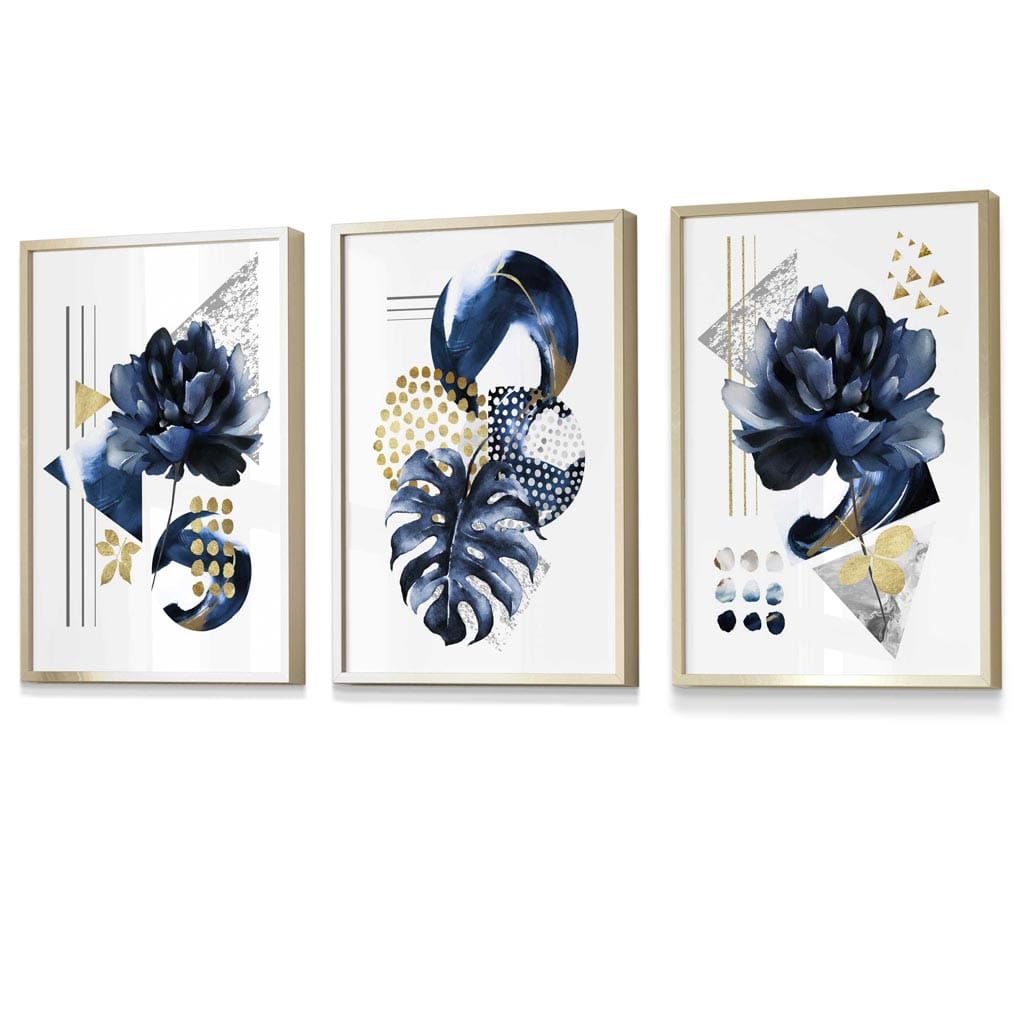 Abstraktes maritimes und goldenes botanisches Set aus 3 gerahmten Wandbildern
