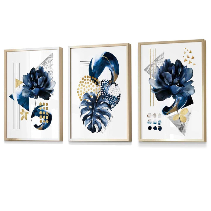 Abstraktes maritimes und goldenes botanisches Set aus 3 gerahmten Wandbildern