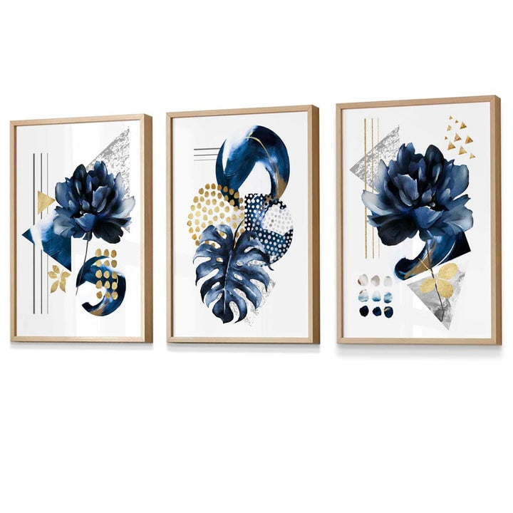 Abstraktes maritimes und goldenes botanisches Set aus 3 gerahmten Wandbildern
