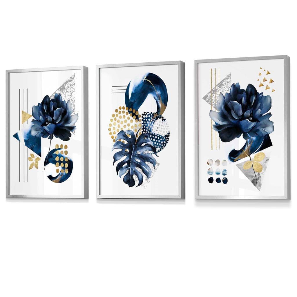 Abstraktes maritimes und goldenes botanisches Set aus 3 gerahmten Wandbildern
