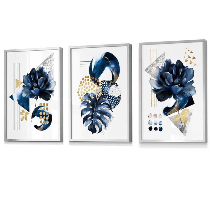 Abstraktes maritimes und goldenes botanisches Set aus 3 gerahmten Wandbildern
